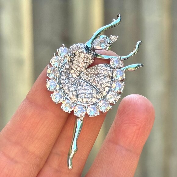 Ballerina Brooch White Gold Plated Zircon Ballerina Pin Ballet Brooch - Picture 11 of 11